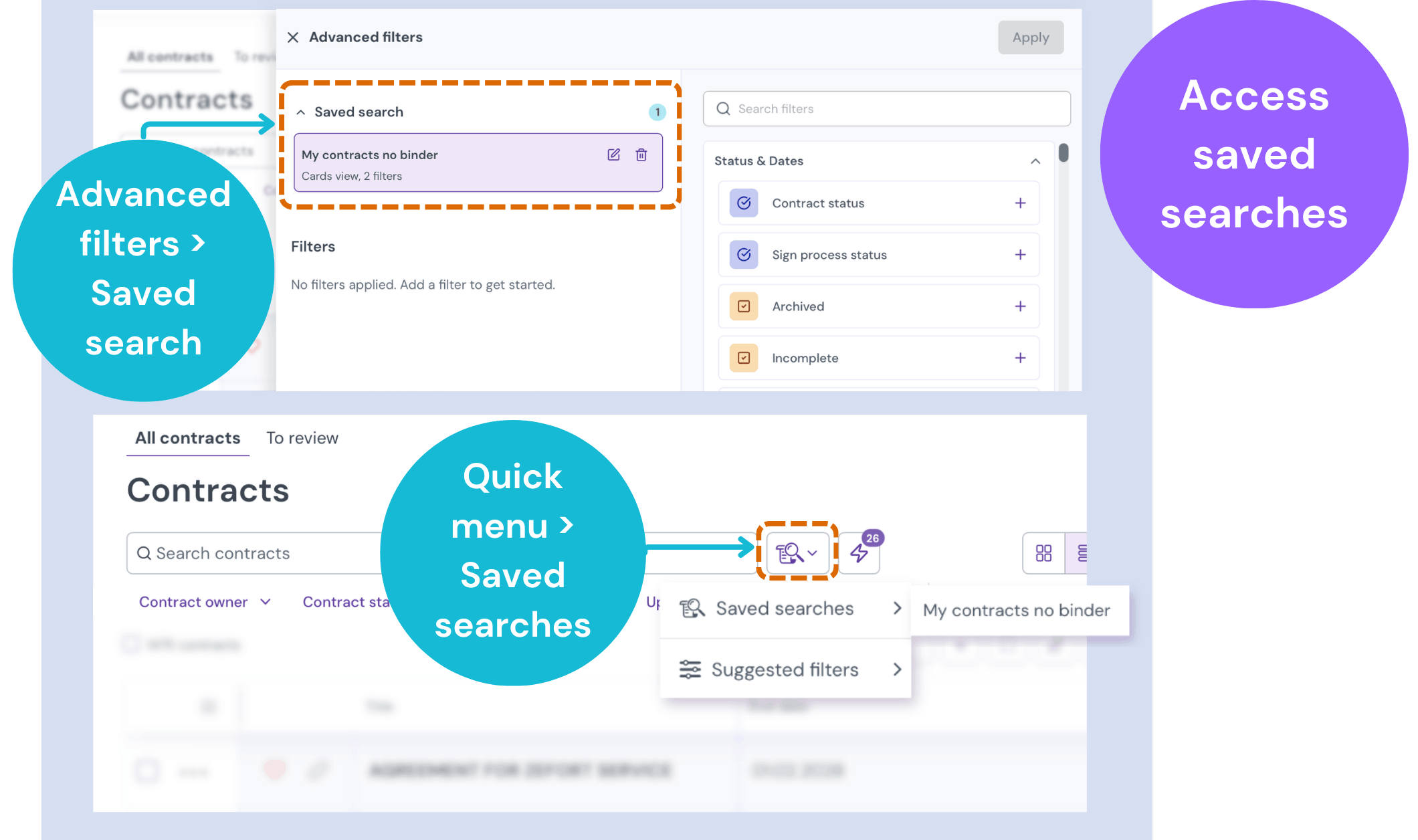 Screenshot showing two ways to access saved searches in Zefort: the "Saved search" dropdown within the Advanced filters panel, and the "Saved searches" option within the Quick search menu.