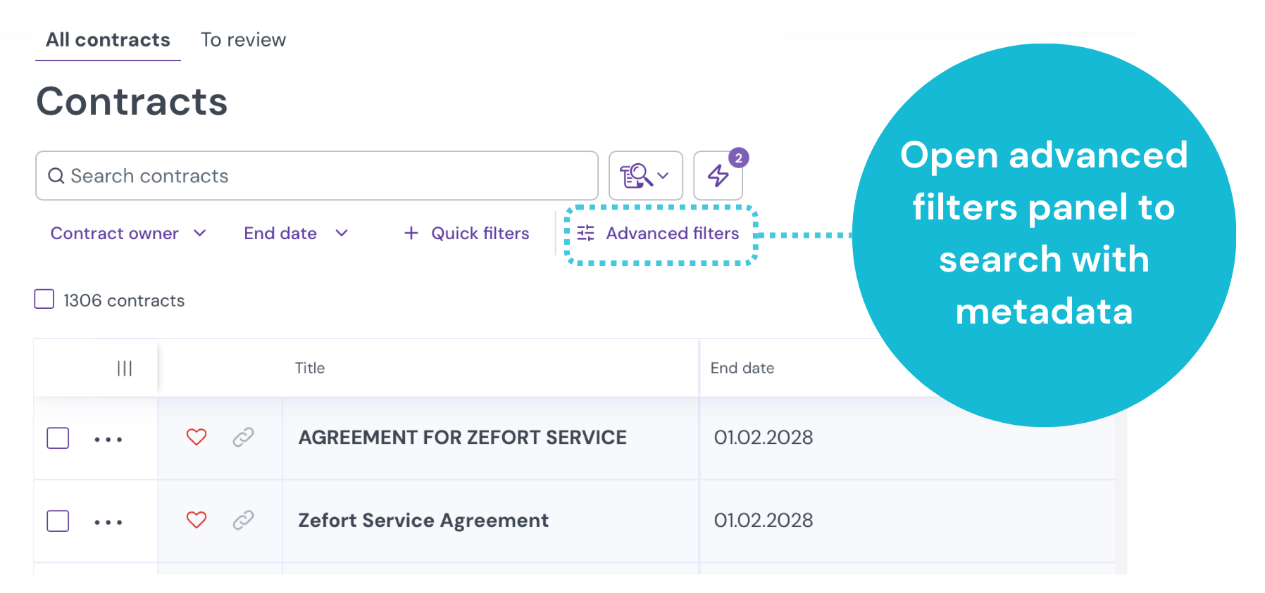 Screenshot of the Zefort "Contracts" header with the "Advanced filters" button highlighted, indicating where to open the full metadata search panel.