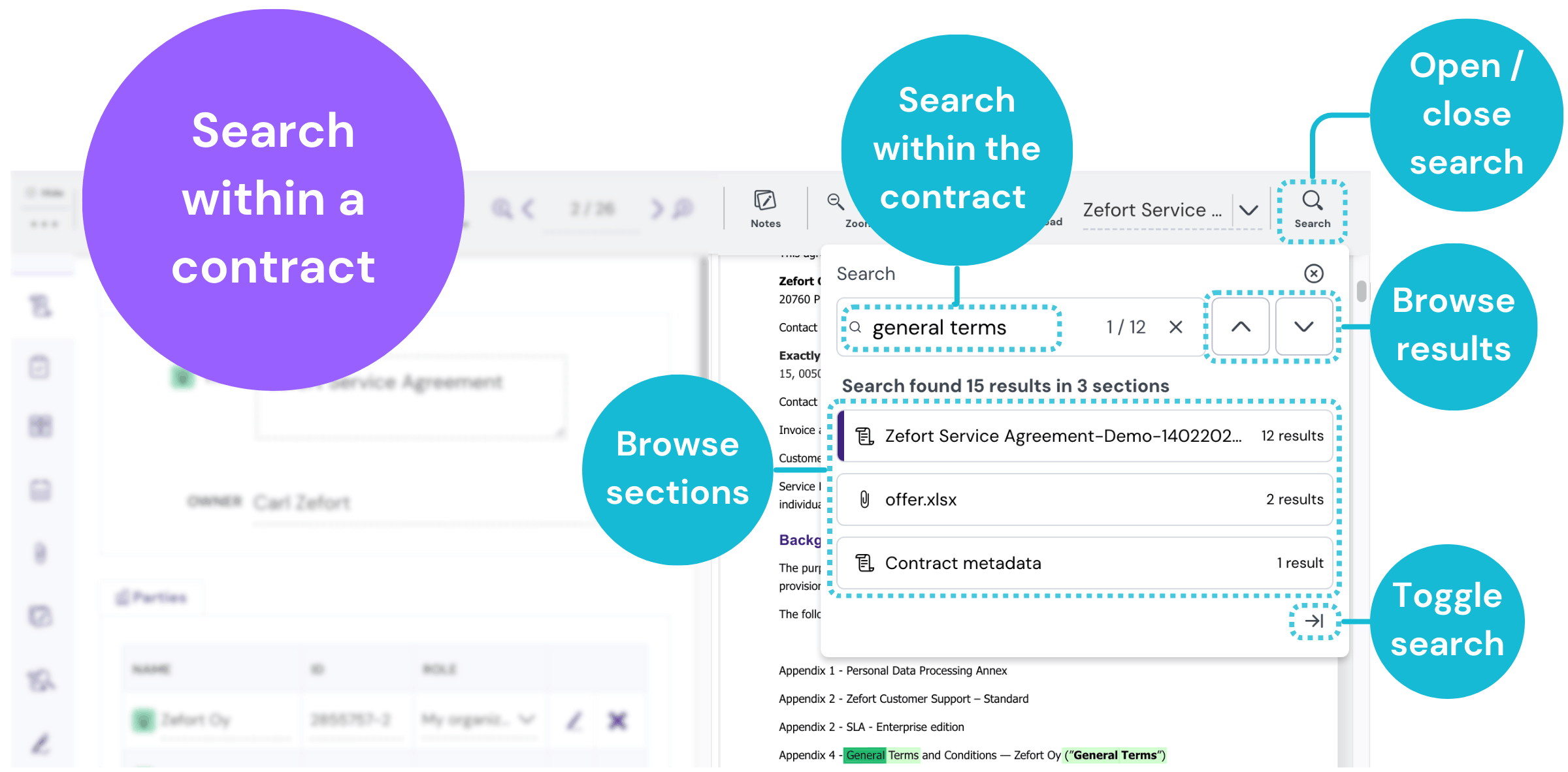 Screenshot of the internal search tool within a Zefort contract view, showing the search bar with "general terms" entered, a results list categorized by document sections and metadata, and navigation arrows for browsing search results.