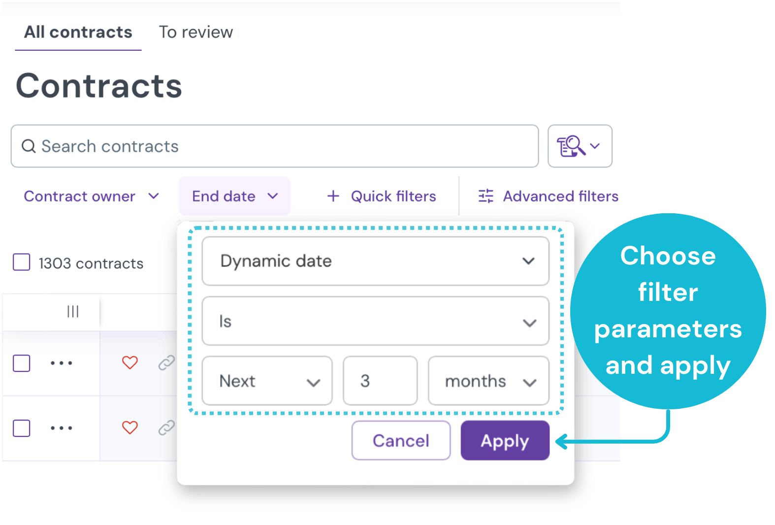 Screenshot of a quick filter dropdown in Zefort, showing a dynamic date selection for "End date is next 3 months", with the "Apply" button highlighted.