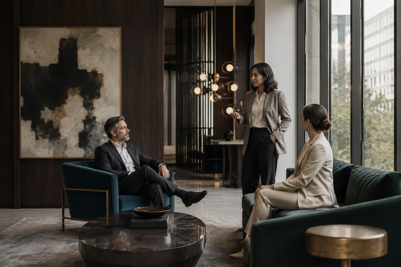 Sophisticated corporate lounge conversation