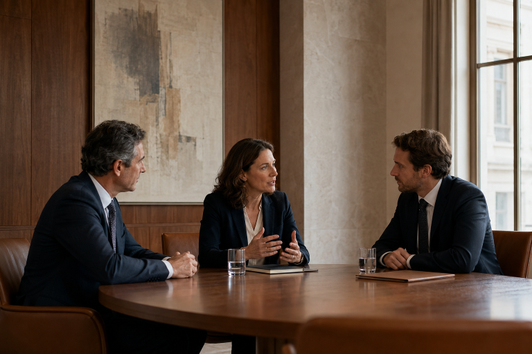 Serious corporate discussion in elegant setting