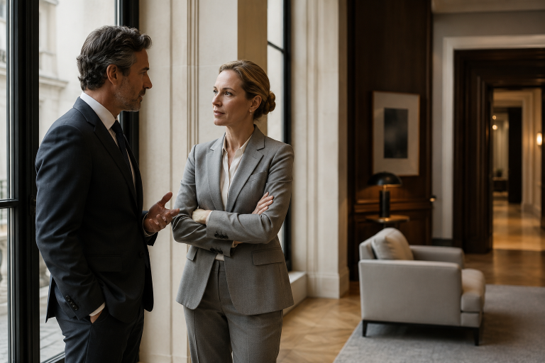 Business discussion in modern office lobby
