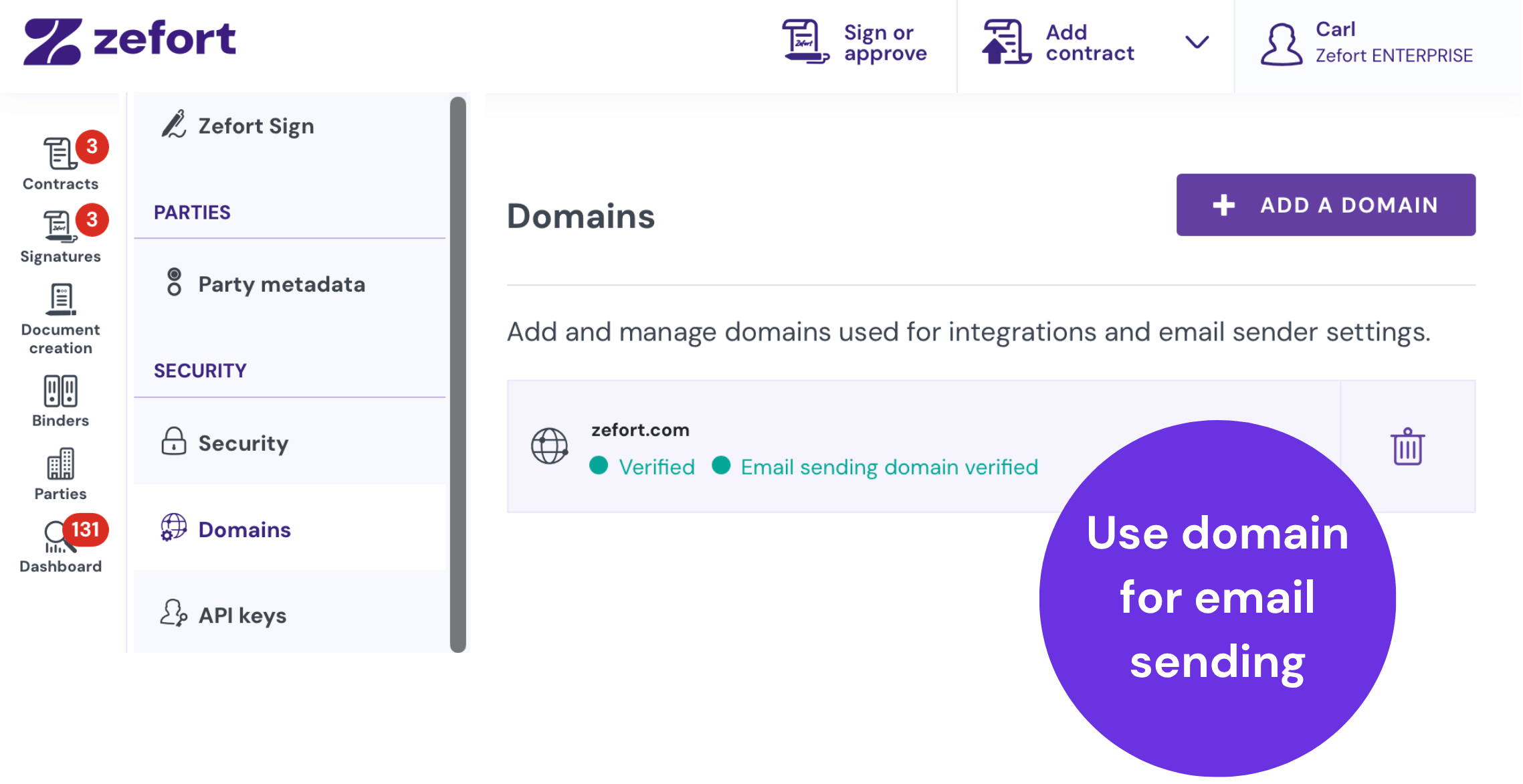 Domains page showing a verified domain entry.