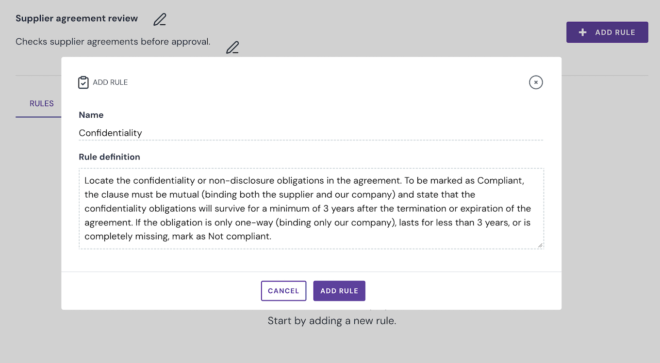 Add Rule dialog with a rule definition