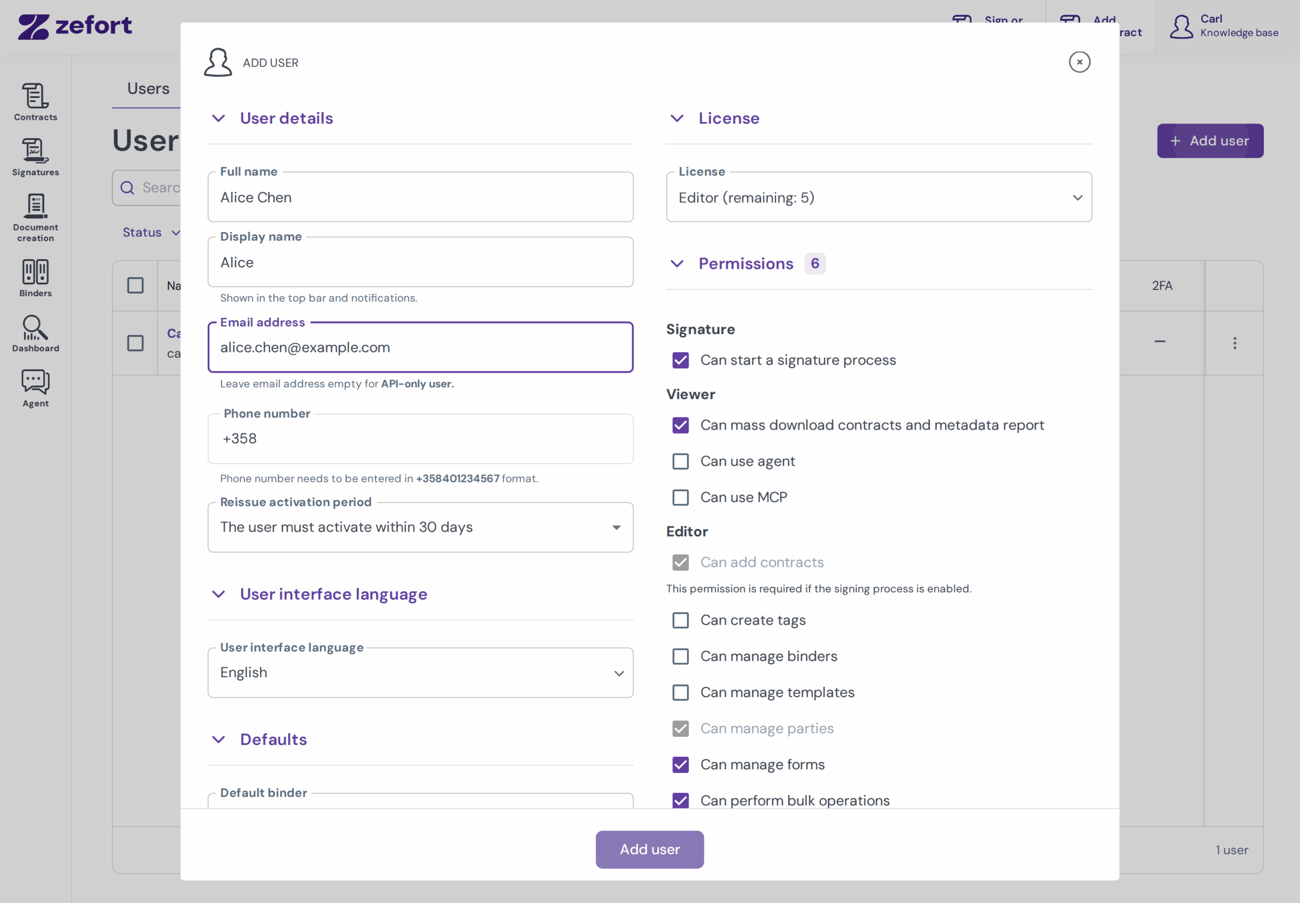 Add user dialog with filled in user details, editor license and permission selected