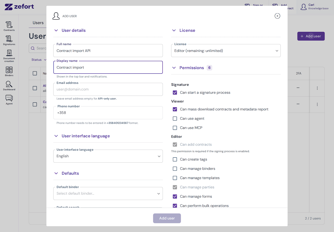 Add user dialog, with full name Contract import API and the email address left empty copy
