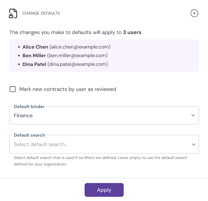 Change defaults dialog for selected users
