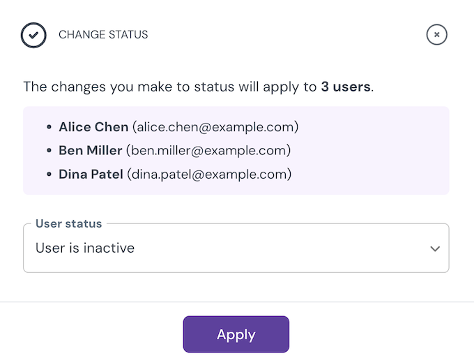 Change status dialog for selected users