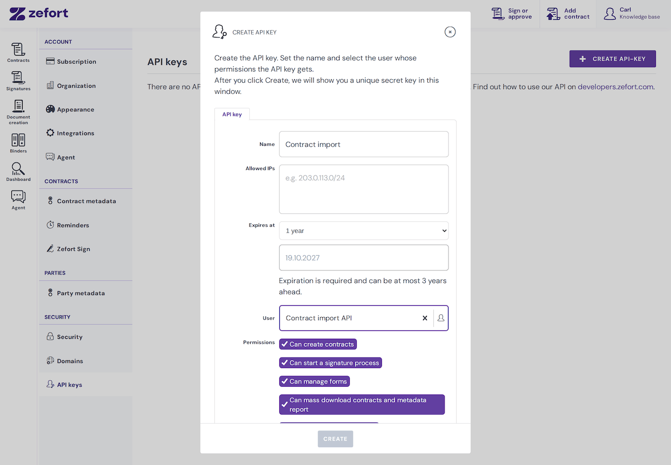 Create API key dialog with Contract import API selected as the user and a one-year expiration
