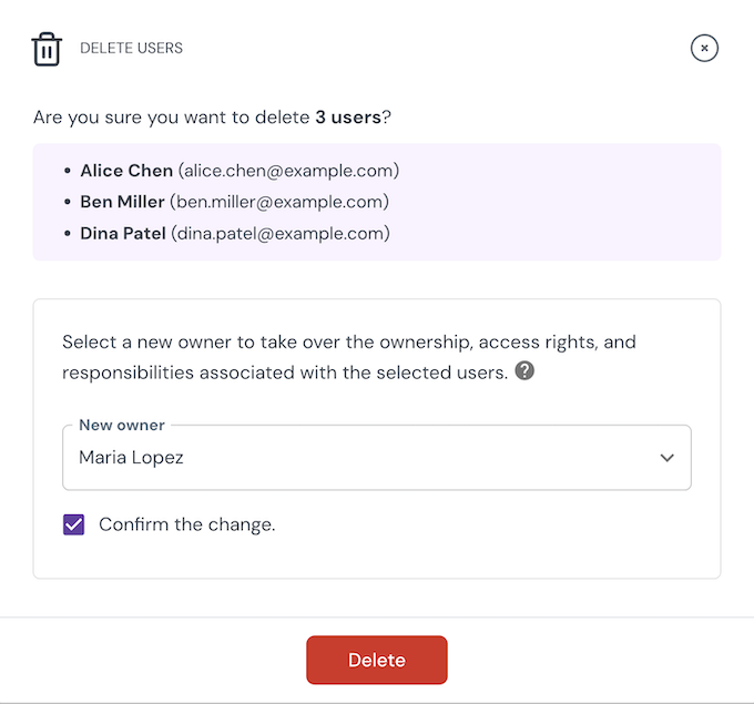 Delete users dialog with replacement owner search