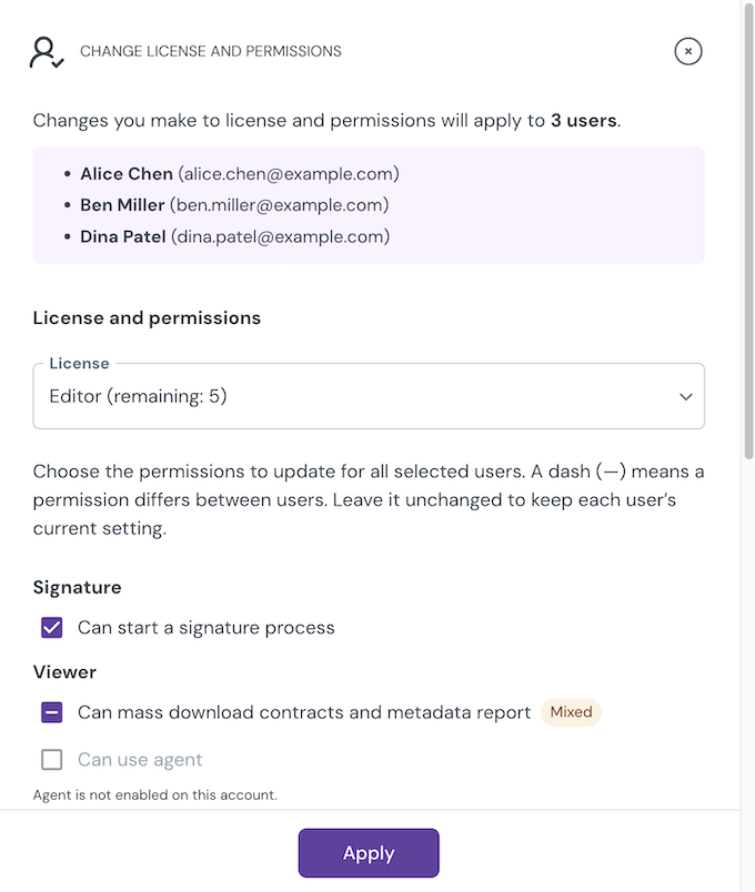 License and permissions dialog with mixed user licenses