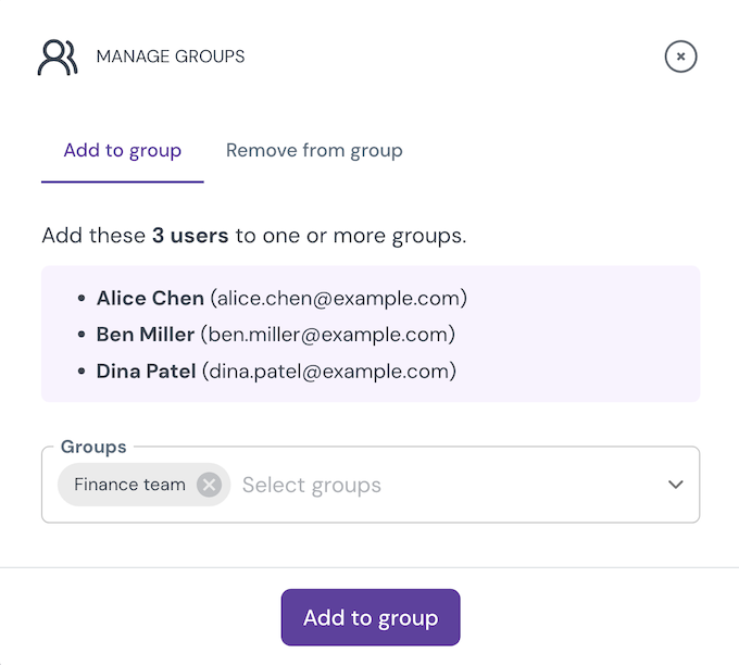 Manage groups dialog on the Add to group tab