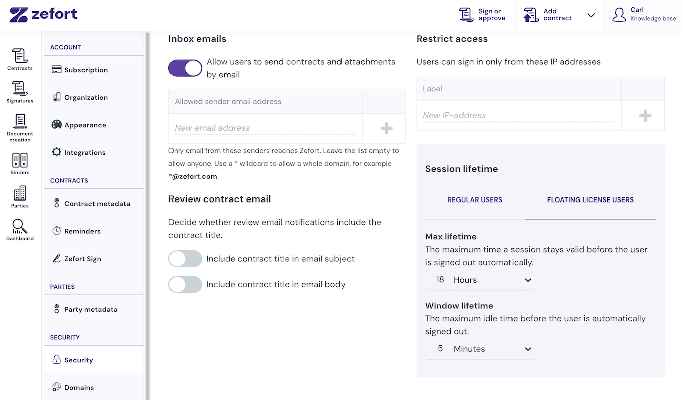 Security settings page displaying the Session lifetime settings for floating license users