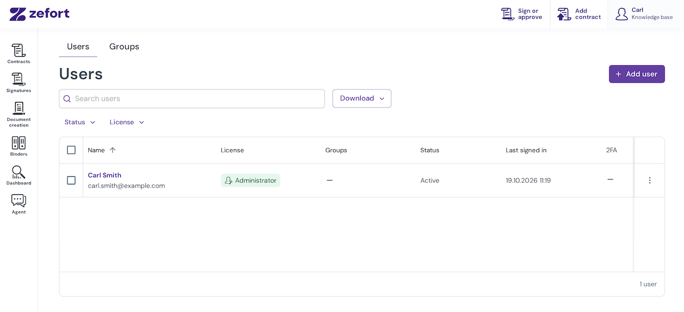Users view with the Add user button