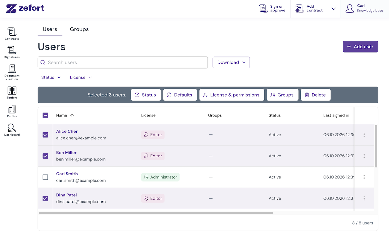 Users view with three selected users and bulk actions