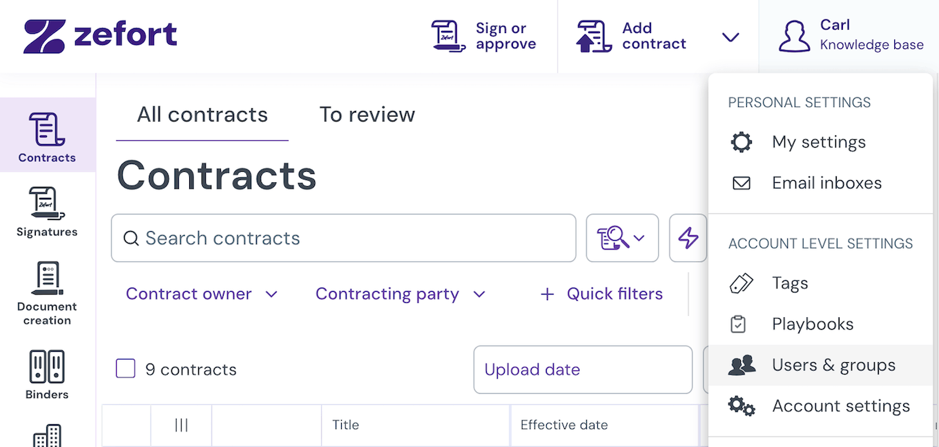 Zefort menu open with Users & groups highlighted